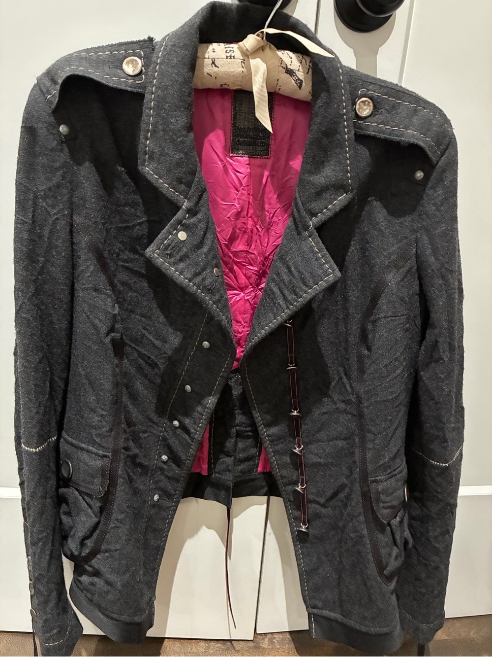 Marithe Francois Girbaud Dark Gray Utility Jacket with Pink Lining